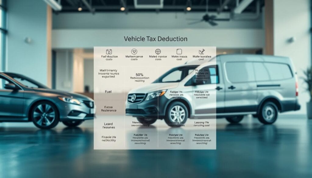 A well-lit, high-resolution image showcasing various vehicle-related tax deductions for a small business. In the foreground, a modern sedan, SUV, and delivery van are prominently displayed, their models and makes clearly visible. In the middle ground, a detailed breakdown of common transportation-related deductions, such as fuel, maintenance, insurance, and leasing/financing costs, is presented in a clean, infographic-style layout. The background features a soft, blurred office setting, hinting at the broader business context. Crisp, professional lighting emphasizes the key elements, creating a sense of clarity and practicality. The overall mood is one of informative efficiency, guiding the viewer through the intricacies of vehicle-based tax deductions for small businesses. A well-lit, high-resolution image showcasing various vehicle-related tax deductions for a small business. In the foreground, a modern sedan, SUV, and delivery van are prominently displayed, their models and makes clearly visible. In the middle ground, a detailed breakdown of common transportation-related deductions, such as fuel, maintenance, insurance, and leasing/financing costs, is presented in a clean, infographic-style layout. The background features a soft, blurred office setting, hinting at the broader business context. Crisp, professional lighting emphasizes the key elements, creating a sense of clarity and practicality. The overall mood is one of informative efficiency, guiding the viewer through the intricacies of vehicle-based tax deductions for small businesses.