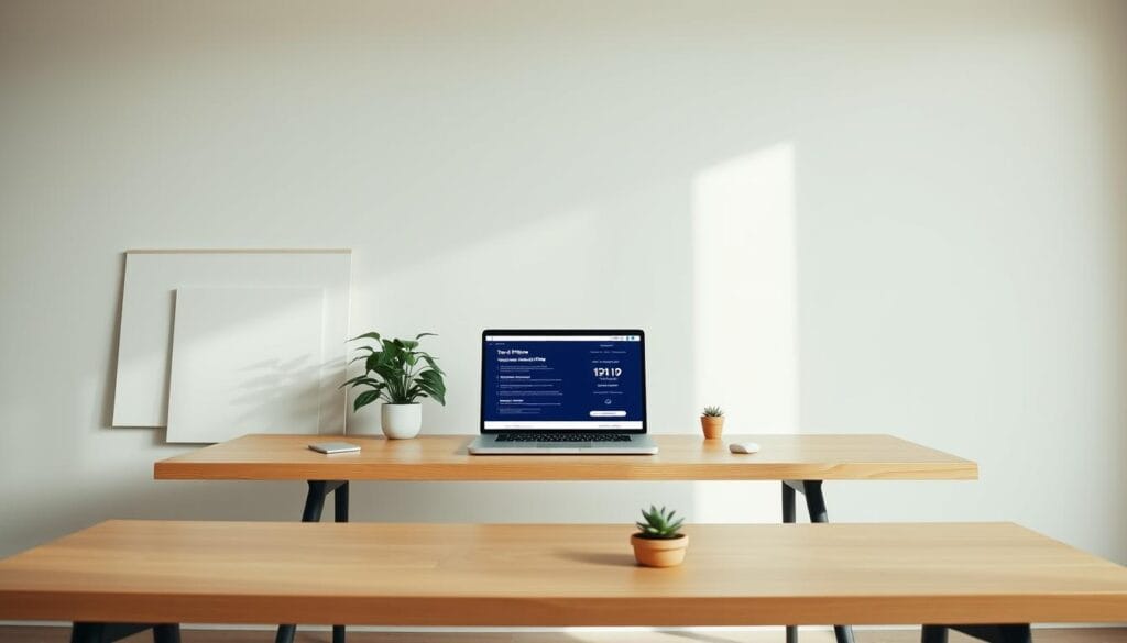 A well-lit, minimalist office setting with a clean, modern aesthetic. In the foreground, a laptop on a sleek wooden desk, with digital tax filing software prominently displayed on the screen. Surrounding the desk, abstract geometric shapes and lines in soft, calming colors create a sense of organization and efficiency. The middle ground features a plant and a small potted succulent, adding a touch of natural warmth to the scene. The background is a muted, neutral-toned wall, allowing the focal point of the digital tax solution to take center stage. The overall mood is one of simplicity, productivity, and a seamless integration of technology and workspace. A well-lit, minimalist office setting with a clean, modern aesthetic. In the foreground, a laptop on a sleek wooden desk, with digital tax filing software prominently displayed on the screen. Surrounding the desk, abstract geometric shapes and lines in soft, calming colors create a sense of organization and efficiency. The middle ground features a plant and a small potted succulent, adding a touch of natural warmth to the scene. The background is a muted, neutral-toned wall, allowing the focal point of the digital tax solution to take center stage. The overall mood is one of simplicity, productivity, and a seamless integration of technology and workspace.