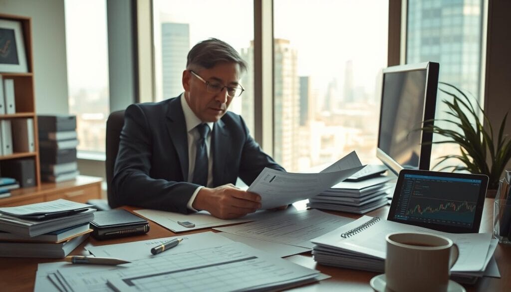 A well-lit, modern office interior with a desk, computer, and stacks of financial documents. In the foreground, a person in a suit is carefully reviewing documents, surrounded by various crypto-related items like a cryptocurrency hardware wallet, a tablet displaying trading graphs, and a cup of coffee. The background features a large window overlooking a cityscape, casting a warm, natural light across the scene. The overall atmosphere conveys a sense of professionalism, attention to detail, and the complexities of navigating cryptocurrency tax compliance.