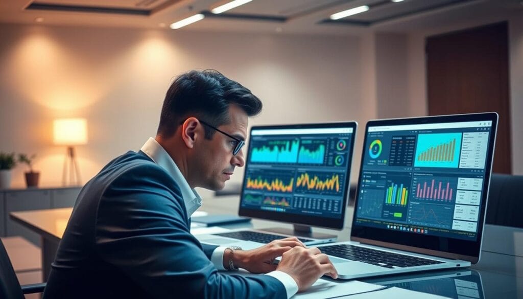 A well-lit office interior with a large desk, showcasing two laptop computers displaying detailed cryptocurrency tax software reports. The foreground features a businessman reviewing the reports, his expression serious and focused. The middle ground shows colorful graphs, charts, and data visualizations on the laptop screens, reflecting the complex nature of crypto taxation. The background subtly depicts a modern office setting with clean lines, warm lighting, and minimalist decor, creating a professional and authoritative atmosphere. The overall scene conveys a sense of financial diligence and expertise in navigating the intricacies of cryptocurrency tax compliance.