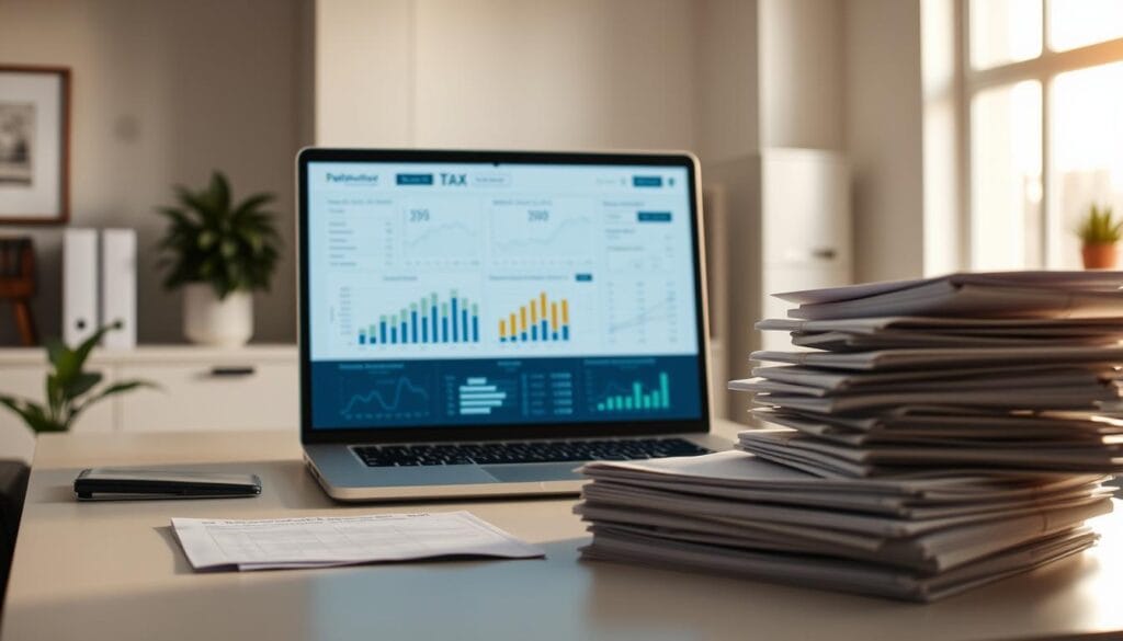 A well-lit office interior with a modern desk, a laptop displaying detailed tax software analytics, and a stack of organized financial documents. The soft lighting casts a professional, focused atmosphere. A balanced composition emphasizes the tax software's precision and the freelancer's attention to detail. The image conveys the ease and reliability of digital tax filing, supporting the section's focus on leveraging tax software for accurate returns. A well-lit office interior with a modern desk, a laptop displaying detailed tax software analytics, and a stack of organized financial documents. The soft lighting casts a professional, focused atmosphere. A balanced composition emphasizes the tax software's precision and the freelancer's attention to detail. The image conveys the ease and reliability of digital tax filing, supporting the section's focus on leveraging tax software for accurate returns.