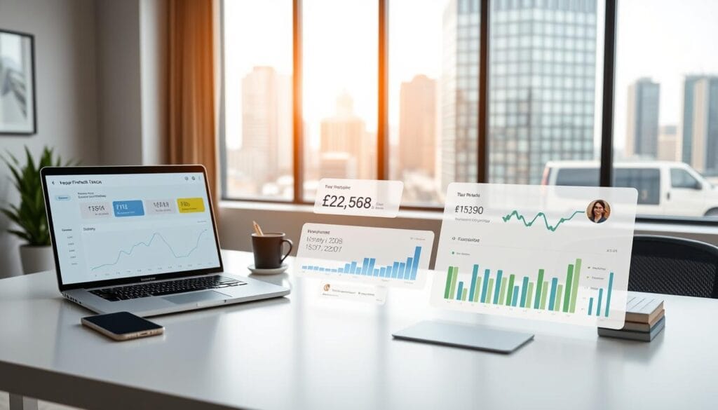 A well-lit office scene with a laptop, smartphone, and various financial tracking tools on a minimalist desk. In the foreground, a modern digital dashboard displays real-time expense data and budget insights. The middle ground features sleek fintech app icons and interactive graphs showcasing spending patterns. In the background, a large window provides natural lighting and a view of a vibrant cityscape, symbolizing the integration of advanced personal finance management into everyday urban life. The overall atmosphere conveys a sense of efficiency, organization, and technological sophistication.