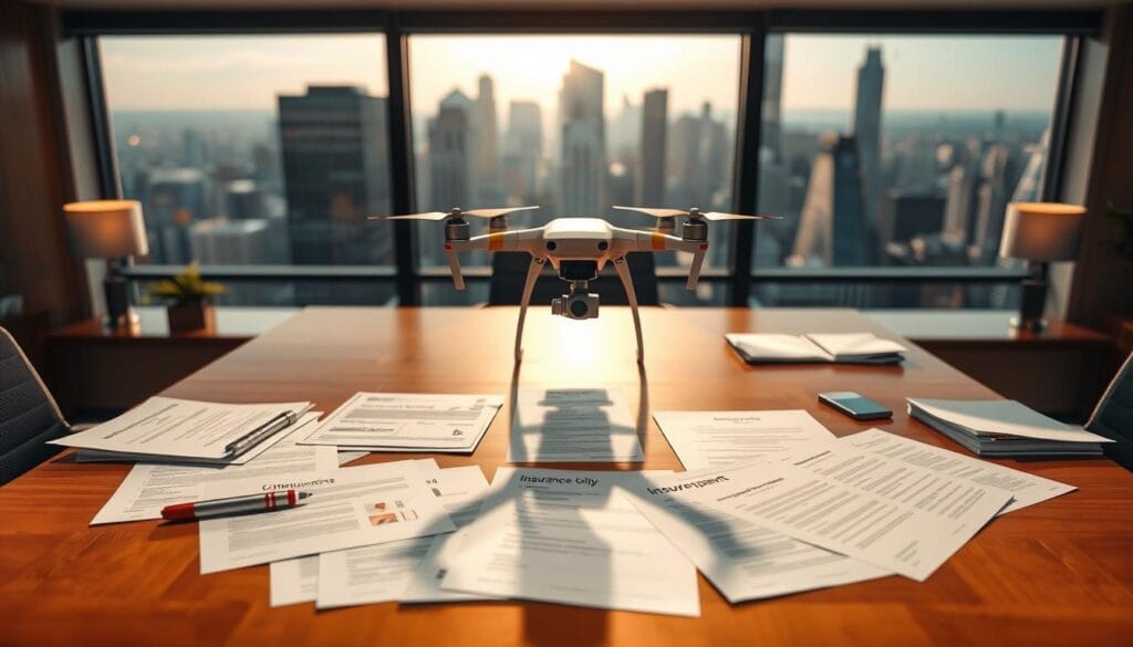 A well-lit office setting, with a large wooden desk in the foreground. On the desk, various insurance documents, contracts, and forms related to drone coverage are neatly organized. In the middle ground, a drone model hovers above the desk, casting a soft shadow. The background features a panoramic window overlooking a bustling city skyline, providing a sense of context and professionalism. The lighting is warm and inviting, creating a sense of trust and reliability. The overall scene conveys the importance of comprehensive drone insurance policies for hobbyists, emphasizing the need for thorough understanding and careful consideration when navigating the different options available.