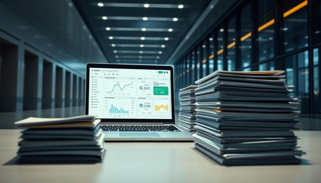 A well-organized and digitally-secured records management system set against a backdrop of sleek modern architecture. A laptop displays compliance data and analytics, surrounded by stacks of organized files and folders. Soft lighting illuminates the scene, creating a sense of professionalism and attention to detail. The overall tone is one of efficiency, transparency, and regulatory compliance, conveying the idea of a comprehensive cryptocurrency tax reporting solution.