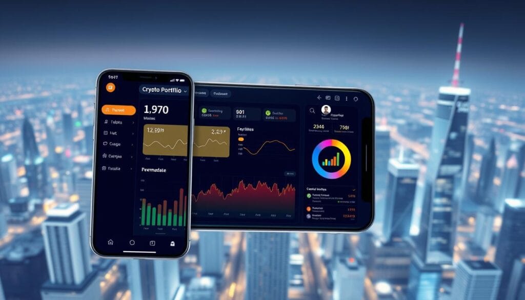 A well-organized financial dashboard depicting crypto savings and money management. In the foreground, a sleek mobile device displays a crypto portfolio overview, with charts and graphs illustrating asset performance. The middle ground showcases a virtual assistant offering personalized financial recommendations. In the background, a modernistic cityscape sets the scene, with skyscrapers and digital infrastructure reflecting the technological nature of fintech solutions. The lighting is crisp and clean, creating a sense of precision and control, while the camera angle provides a bird's-eye view to convey a comprehensive financial perspective. A well-organized financial dashboard depicting crypto savings and money management. In the foreground, a sleek mobile device displays a crypto portfolio overview, with charts and graphs illustrating asset performance. The middle ground showcases a virtual assistant offering personalized financial recommendations. In the background, a modernistic cityscape sets the scene, with skyscrapers and digital infrastructure reflecting the technological nature of fintech solutions. The lighting is crisp and clean, creating a sense of precision and control, while the camera angle provides a bird's-eye view to convey a comprehensive financial perspective.