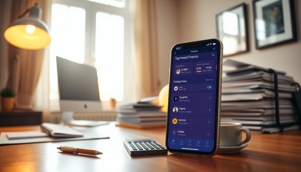A well-organized home office with a modern desktop computer, a stylish lamp, and a neatly arranged stack of financial documents. The scene is bathed in warm, natural lighting from a large window, creating a cozy and productive atmosphere. In the foreground, a sleek smartphone displays the user interface of a top personal finance app, showcasing detailed budget categories and real-time spending insights. The middle ground features a minimalist desk organizer with a pen, calculator, and a cup of coffee, hinting at the focused, disciplined approach to household budget management. The background features a neutral-toned wall with framed artwork, suggesting a harmonious, comfortable setting for financial planning. A well-organized home office with a modern desktop computer, a stylish lamp, and a neatly arranged stack of financial documents. The scene is bathed in warm, natural lighting from a large window, creating a cozy and productive atmosphere. In the foreground, a sleek smartphone displays the user interface of a top personal finance app, showcasing detailed budget categories and real-time spending insights. The middle ground features a minimalist desk organizer with a pen, calculator, and a cup of coffee, hinting at the focused, disciplined approach to household budget management. The background features a neutral-toned wall with framed artwork, suggesting a harmonious, comfortable setting for financial planning.