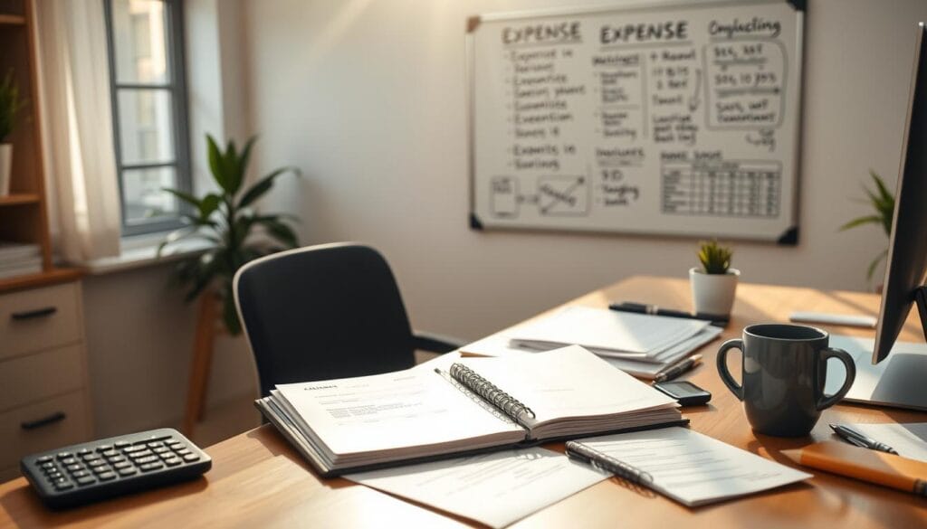 A well-organized office workspace with an open notebook, a laptop, and various expense tracking tools like receipts, invoices, and a calculator. Soft natural lighting flows through the windows, casting a warm, focused atmosphere. The desktop is neatly arranged, with a mug of coffee and a small potted plant adding a touch of liveliness. In the background, a wall-mounted whiteboard displays handwritten notes and sketches related to expense optimization strategies. The scene conveys a sense of structured productivity and financial mastery, perfectly illustrating the "Optimizing Business Expenses for Maximum Tax Savings" concept.