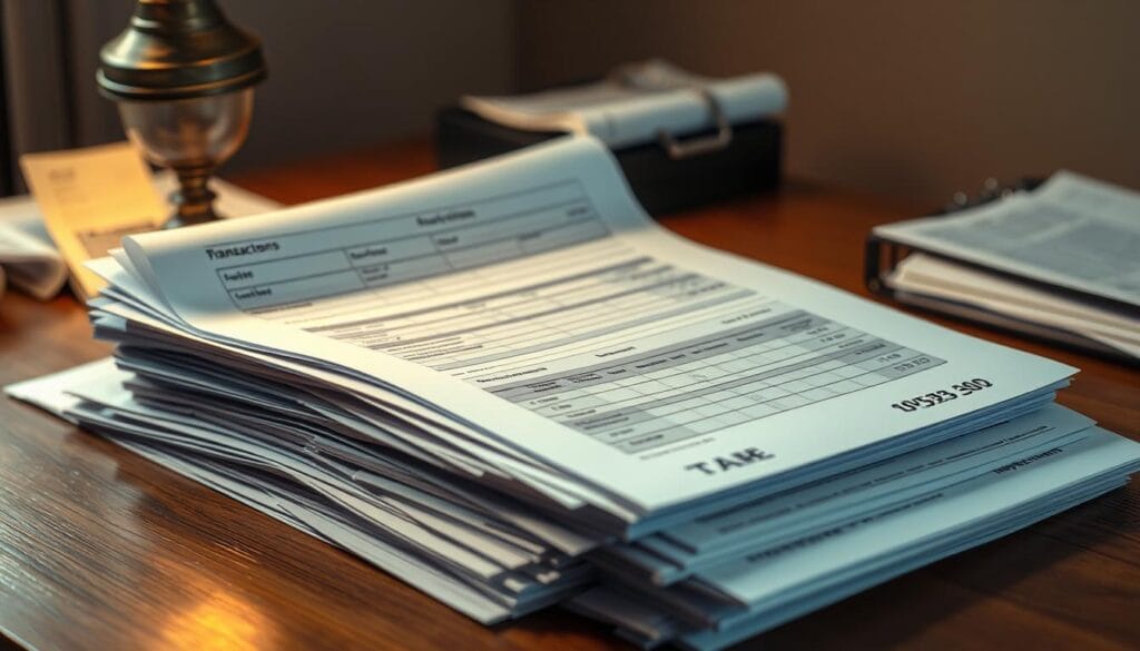 A well-organized stack of financial documents and forms, including a cryptocurrency transaction ledger, tax forms, and receipts. The documents are neatly arranged on a wooden desk, illuminated by a warm, focused light from an antique desk lamp. The scene conveys a sense of attention to detail and professionalism, with a muted, earthy color palette that reflects the seriousness of the subject matter. The camera angle is slightly elevated, providing a clear, unobstructed view of the paperwork, creating an air of authority and importance.