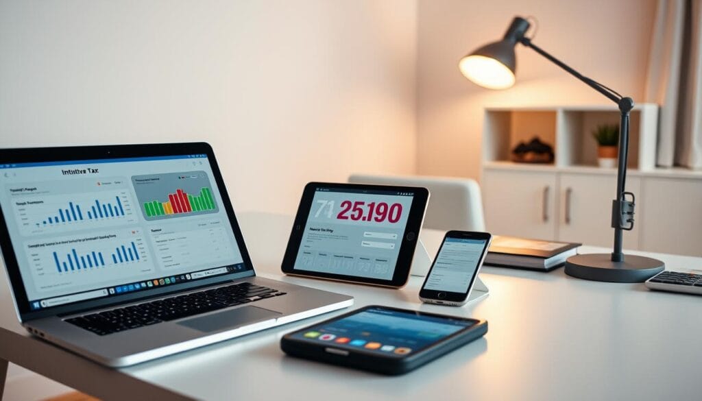 A well-organized workspace with intuitive digital tax tools laid out on a minimalist desk. In the foreground, a sleek laptop displays financial reports and quarterly payment calculators. In the middle, a tablet offers seamless tax filing features, while a smartphone syncs real-time income and expense data. The background is a softly lit, contemporary home office with clean lines and neutral tones, creating a serene, focused atmosphere for effortless tax management. Warm lighting from a desk lamp casts a gentle glow, enhancing the efficient, modern aesthetic. A well-organized workspace with intuitive digital tax tools laid out on a minimalist desk. In the foreground, a sleek laptop displays financial reports and quarterly payment calculators. In the middle, a tablet offers seamless tax filing features, while a smartphone syncs real-time income and expense data. The background is a softly lit, contemporary home office with clean lines and neutral tones, creating a serene, focused atmosphere for effortless tax management. Warm lighting from a desk lamp casts a gentle glow, enhancing the efficient, modern aesthetic.