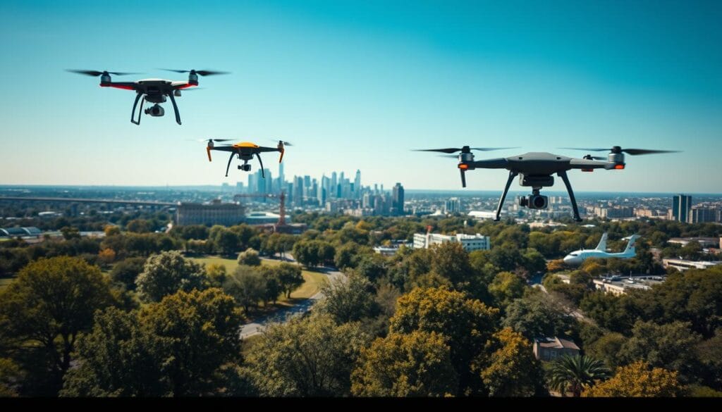 A wide aerial view showcasing two distinct drone operations. In the foreground, a group of hobbyists pilot colorful, lightweight recreational drones, soaring through a scenic park with lush greenery and a clear, blue sky. In the middle ground, large commercial drones equipped with various sensors and cameras conduct surveying and inspection tasks over an urban cityscape, with skyscrapers and infrastructure in the background. Crisp, cinematic lighting illuminates the scene, creating a balanced, dynamic composition that captures the contrast between personal and professional drone usages. The image conveys a sense of harmony and coexistence between the two domains of drone technology.