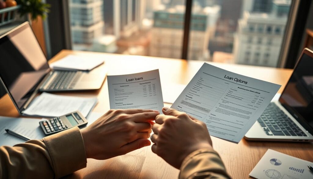 A wide, well-lit office desk with various financial documents, calculators, and a laptop computer. In the foreground, a person's hands are comparing different loan options side by side, carefully examining the details. The background features a blurred cityscape out of a window, conveying a sense of modern, urban financial decision-making. The lighting is warm and professional, creating a thoughtful, analytical atmosphere. The camera angle is slightly elevated, giving an overview of the workspace and financial tools available for evaluating alternative loan choices.