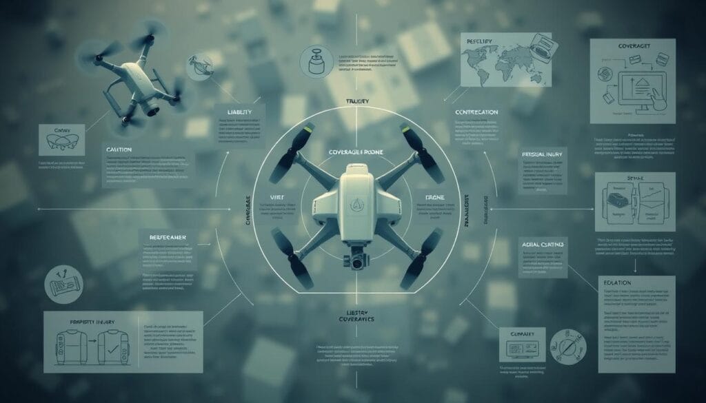 Aerial liability coverage components: a high-altitude view of a modern drone insurance policy, with detailed schematics of coverage layers. Central focus on a schematic diagram showcasing key coverage elements - liability, property damage, personal injury, and regulatory compliance. Surrounding the diagram, ancillary illustrations depict drone operations, accident scenarios, and industry regulations. Muted color palette evokes technical documentation, while strategic lighting and camera angle convey a sense of professional objectivity. The overall composition strikes a balance between analytical precision and visual interest, suitable for illustrating a technical article on commercial drone insurance. Aerial liability coverage components: a high-altitude view of a modern drone insurance policy, with detailed schematics of coverage layers. Central focus on a schematic diagram showcasing key coverage elements - liability, property damage, personal injury, and regulatory compliance. Surrounding the diagram, ancillary illustrations depict drone operations, accident scenarios, and industry regulations. Muted color palette evokes technical documentation, while strategic lighting and camera angle convey a sense of professional objectivity. The overall composition strikes a balance between analytical precision and visual interest, suitable for illustrating a technical article on commercial drone insurance.