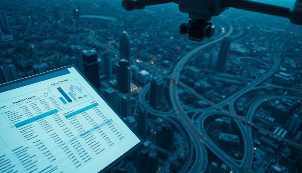 Aerial view of a comprehensive policy cost analysis for a commercial drone operation. In the foreground, a spreadsheet with detailed financial data projected onto a transparent surface. In the middle ground, graphs and charts illuminating key cost factors like insurance premiums, maintenance, and regulatory fees. The background reveals a sweeping cityscape with skyscrapers and winding roads, hinting at the scale and complexity of the urban drone ecosystem. Cool-toned lighting casts an analytical atmosphere, as if viewing the data through a professional lens. Cinematic camera angle captures the full scope of the data visualization, conveying the importance of thorough financial planning for this emerging industry. Aerial view of a comprehensive policy cost analysis for a commercial drone operation. In the foreground, a spreadsheet with detailed financial data projected onto a transparent surface. In the middle ground, graphs and charts illuminating key cost factors like insurance premiums, maintenance, and regulatory fees. The background reveals a sweeping cityscape with skyscrapers and winding roads, hinting at the scale and complexity of the urban drone ecosystem. Cool-toned lighting casts an analytical atmosphere, as if viewing the data through a professional lens. Cinematic camera angle captures the full scope of the data visualization, conveying the importance of thorough financial planning for this emerging industry.