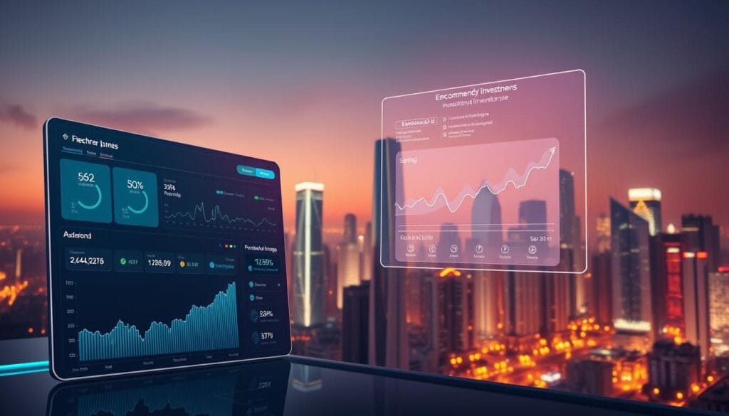 An AI-enhanced emergency fund with a sleek, futuristic interface. In the foreground, a user-friendly dashboard displays real-time data on savings, liquidity, and projected growth. The middle ground features a holographic projection of recommended investment strategies, personalized to the user's financial profile. In the background, a serene cityscape with skyscrapers bathed in a warm, ambient glow symbolizes financial security and stability. The lighting is soft and diffused, creating a sense of calm and reassurance. The camera angle is slightly elevated, conveying a bird's-eye view of the user's comprehensive financial planning.