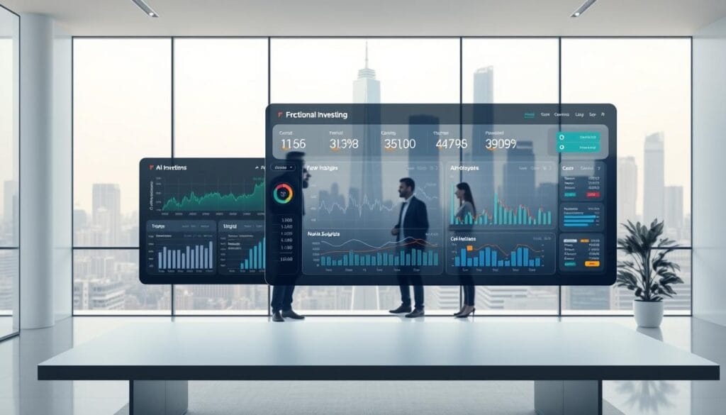An AI-powered fractional investing dashboard floats above a sleek, minimalist office setting. In the foreground, an intuitive user interface displays real-time stock data, portfolio analytics, and investment opportunities. The middle ground features a team of diverse financial analysts and data scientists, collaborating seamlessly through holographic displays. In the background, a cityscape of gleaming skyscrapers reflects the innovative spirit of this AI-driven investment revolution. Soft, diffused lighting creates a sense of technological sophistication, while muted color tones evoke a professional, yet approachable atmosphere. The overall scene conveys the seamless integration of artificial intelligence and human expertise, empowering individuals to grow their wealth through personalized, data-driven micro-investing strategies. An AI-powered fractional investing dashboard floats above a sleek, minimalist office setting. In the foreground, an intuitive user interface displays real-time stock data, portfolio analytics, and investment opportunities. The middle ground features a team of diverse financial analysts and data scientists, collaborating seamlessly through holographic displays. In the background, a cityscape of gleaming skyscrapers reflects the innovative spirit of this AI-driven investment revolution. Soft, diffused lighting creates a sense of technological sophistication, while muted color tones evoke a professional, yet approachable atmosphere. The overall scene conveys the seamless integration of artificial intelligence and human expertise, empowering individuals to grow their wealth through personalized, data-driven micro-investing strategies.