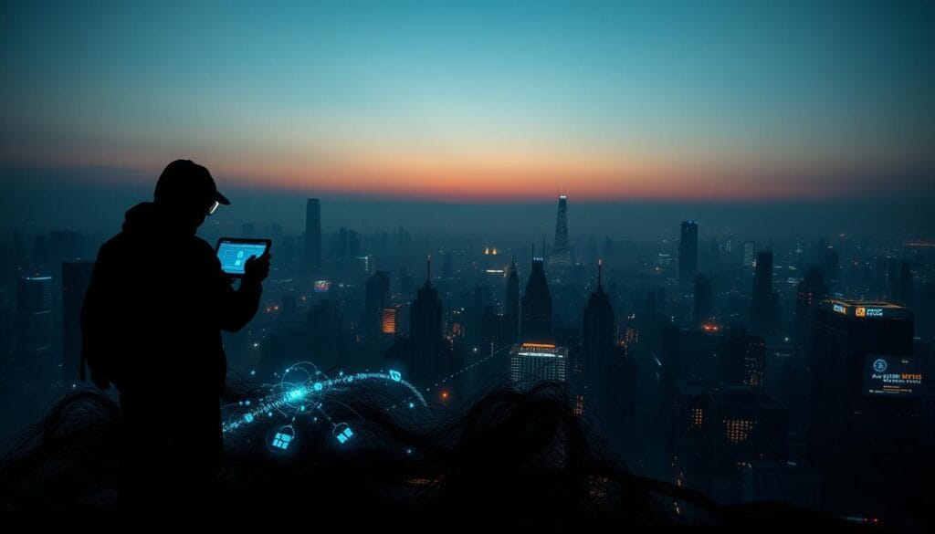 An abstract cityscape at dusk, with a focus on digital security challenges. In the foreground, silhouetted figures struggle to protect a glowing digital network from various cyber threats - hackers, malware, and data breaches loom. The middle ground features a maze of tangled wires and flickering screens, representing the complex web of digital identity verification systems. The background is a hazy urban skyline, casting an ominous tone over the scene. Dramatic chiaroscuro lighting, with deep shadows and pockets of illumination, heightens the sense of tension and uncertainty. The overall composition conveys the evolving, precarious nature of fraud prevention in the digital banking landscape. An abstract cityscape at dusk, with a focus on digital security challenges. In the foreground, silhouetted figures struggle to protect a glowing digital network from various cyber threats - hackers, malware, and data breaches loom. The middle ground features a maze of tangled wires and flickering screens, representing the complex web of digital identity verification systems. The background is a hazy urban skyline, casting an ominous tone over the scene. Dramatic chiaroscuro lighting, with deep shadows and pockets of illumination, heightens the sense of tension and uncertainty. The overall composition conveys the evolving, precarious nature of fraud prevention in the digital banking landscape.