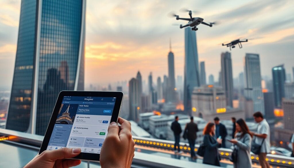 An advanced digital insurance platform in a sleek, futuristic cityscape. A smooth, glass-clad skyscraper stands tall, its facade reflecting the vibrant urban landscape. In the foreground, a tablet device displays a clean, intuitive insurance app interface, showcasing policy details and personalized coverage options. The mid-ground features a diverse array of people, each engrossed in their digital insurance transactions on their various mobile devices. The background is a panoramic view of a bustling, high-tech metropolis, with towering buildings, holograms, and drones creating an atmosphere of innovation and progress. Warm, directional lighting and a cool color palette convey a sense of modernity and technological sophistication.