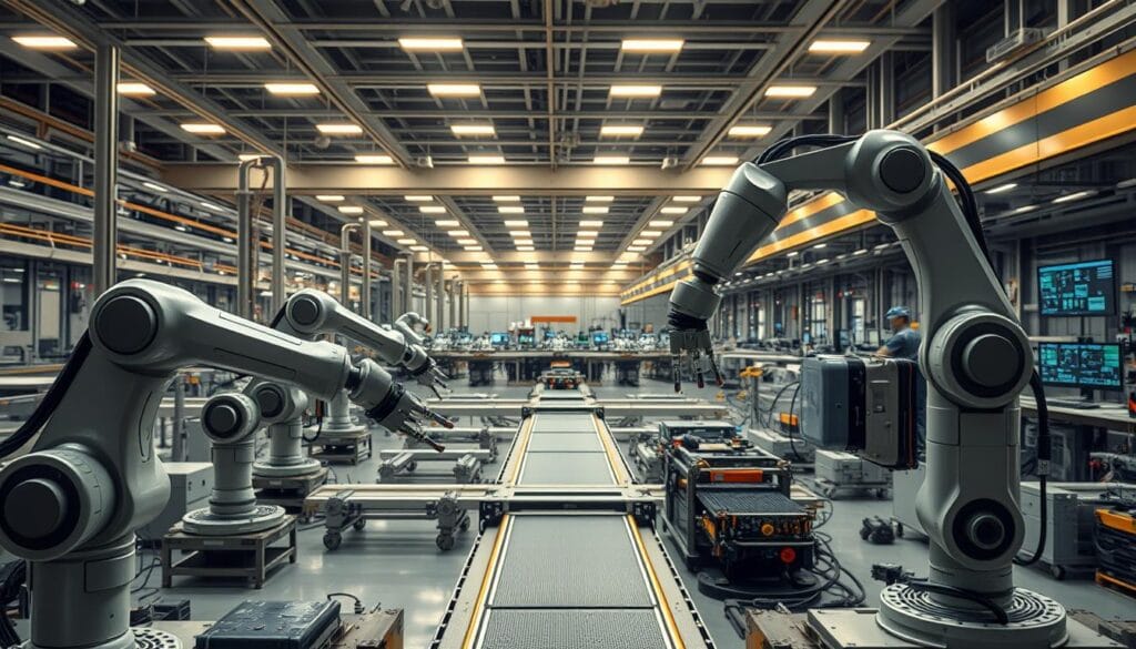 An advanced factory facility, its sleek lines and metallic surfaces gleaming under the warm glow of recessed lighting. In the foreground, robotic arms gracefully execute precise, automated maneuvers, efficiently assembling components. The middle ground reveals a network of conveyor belts and specialized machines, all working in seamless harmony to reduce costs and increase productivity. In the background, a vast, open-plan workspace bustles with activity, with technicians monitoring digital dashboards and overseeing the AI-driven processes. The overall atmosphere conveys a sense of technological sophistication, optimization, and the power of automation to drive down expenses.