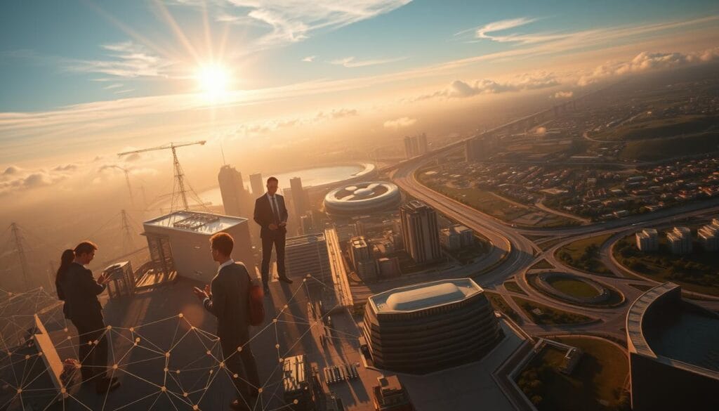 An aerial view of a bustling AI ecosystem, illuminated by warm, golden sunlight filtering through wispy clouds. In the foreground, a diverse array of geometric shapes and interconnected nodes represent various AI-driven investment opportunities, from cutting-edge machine learning algorithms to emerging infrastructure and platforms. The middle ground features silhouettes of financial analysts, researchers, and tech entrepreneurs, collaborating and exchanging ideas amidst a cityscape of modern skyscrapers and research facilities. In the background, a panoramic vista showcases a thriving technology hub, with winding roads, public transportation, and green spaces, all hinting at the vibrant, dynamic nature of the AI investment landscape.