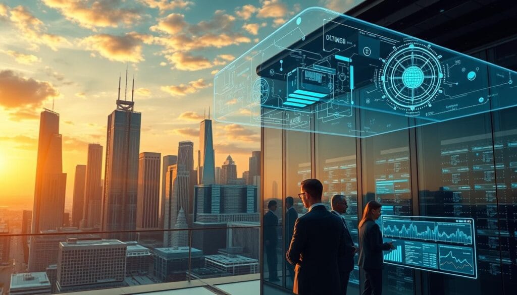 An aerial view of a futuristic city skyline, with towering glass and steel skyscrapers reflecting the warm glow of the setting sun. In the foreground, a sleek, minimalist data center hums with activity, its servers processing vast amounts of financial data. Holographic displays hover above the facility, showcasing complex algorithms and machine learning models that optimize investment strategies. In the middle ground, a group of investors in tailored suits and smart glasses pore over interactive dashboards, analyzing market trends and making data-driven decisions. The atmosphere is one of innovation, technological sophistication, and a relentless pursuit of sustainable financial growth.