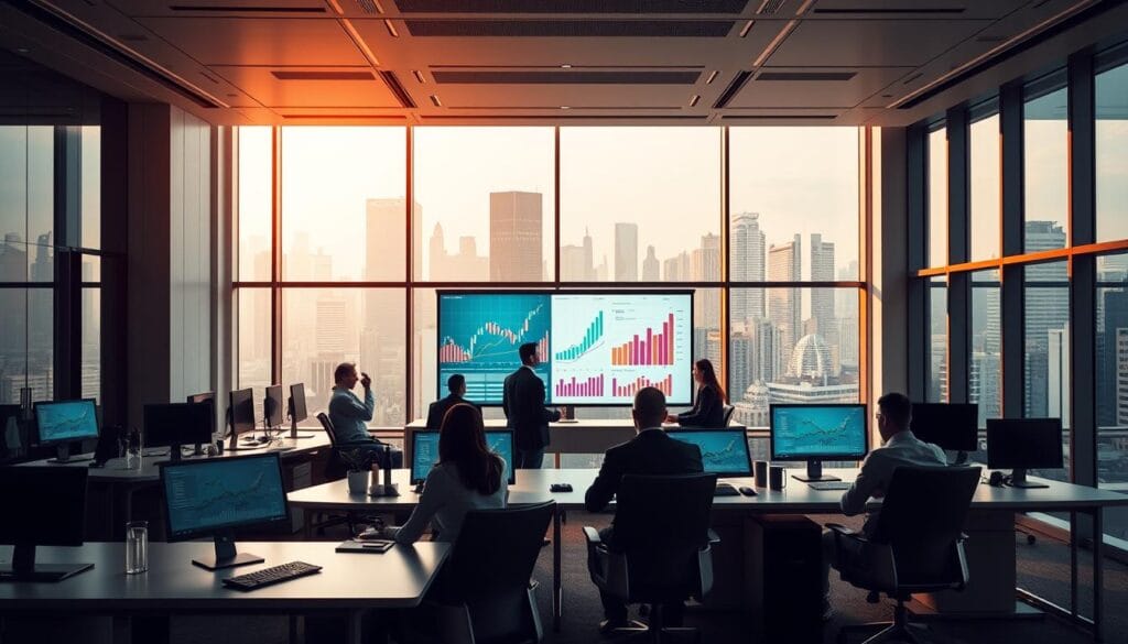An elegant corporate office interior with sleek desks, ergonomic chairs, and state-of-the-art computer monitors. Warm, directional lighting casts a soft glow, highlighting the clean lines and minimalist design. In the foreground, a team of data analysts intently studying colorful financial charts and graphs projected on a large, seamless screen. The middle ground features a central conference table surrounded by executives engaged in a lively discussion, while the background showcases floor-to-ceiling windows overlooking a bustling city skyline. An atmosphere of technological sophistication, analytical rigor, and strategic decision-making permeates the scene. An elegant corporate office interior with sleek desks, ergonomic chairs, and state-of-the-art computer monitors. Warm, directional lighting casts a soft glow, highlighting the clean lines and minimalist design. In the foreground, a team of data analysts intently studying colorful financial charts and graphs projected on a large, seamless screen. The middle ground features a central conference table surrounded by executives engaged in a lively discussion, while the background showcases floor-to-ceiling windows overlooking a bustling city skyline. An atmosphere of technological sophistication, analytical rigor, and strategic decision-making permeates the scene.