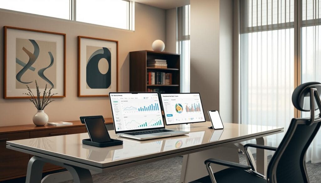 An elegant office interior with a sleek, modern desk and ergonomic chair. On the desk, a laptop and a smart device display expense tracking dashboards and charts, highlighting AI-powered insights. The walls are adorned with minimalist artwork, while large windows flood the space with warm, natural light. In the background, a bookshelf houses finance-related volumes, conveying a sense of professionalism and expertise. The overall atmosphere is one of efficiency, productivity, and the seamless integration of technology into financial management. An elegant office interior with a sleek, modern desk and ergonomic chair. On the desk, a laptop and a smart device display expense tracking dashboards and charts, highlighting AI-powered insights. The walls are adorned with minimalist artwork, while large windows flood the space with warm, natural light. In the background, a bookshelf houses finance-related volumes, conveying a sense of professionalism and expertise. The overall atmosphere is one of efficiency, productivity, and the seamless integration of technology into financial management.