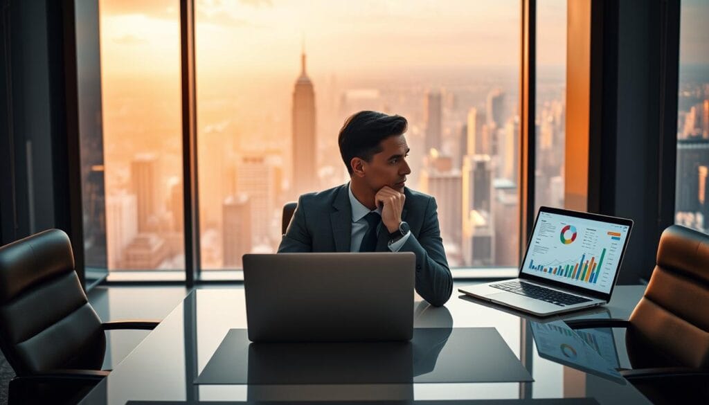 An elegant office setting, with a large, sleek desk and modern chairs. On the desk, a laptop displays a dynamic visualization of asset allocation strategies, with colorful charts and graphs. Behind the desk, a floor-to-ceiling window offers a panoramic view of a bustling city skyline, bathed in warm, golden light. In the foreground, a thoughtful business executive sits, studying the data intently, their expression one of focused deliberation. The atmosphere is one of precision, intelligence, and the seamless integration of cutting-edge AI technology into the realm of strategic financial planning. An elegant office setting, with a large, sleek desk and modern chairs. On the desk, a laptop displays a dynamic visualization of asset allocation strategies, with colorful charts and graphs. Behind the desk, a floor-to-ceiling window offers a panoramic view of a bustling city skyline, bathed in warm, golden light. In the foreground, a thoughtful business executive sits, studying the data intently, their expression one of focused deliberation. The atmosphere is one of precision, intelligence, and the seamless integration of cutting-edge AI technology into the realm of strategic financial planning.