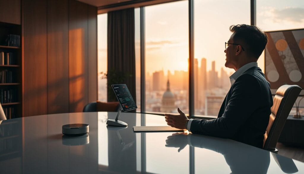 An elegant office setting with a warm, inviting atmosphere. In the foreground, a person sits at a sleek, modern desk, speaking into a voice-controlled AI assistant, their hands gesturing animatedly. The assistant's interface hovers before them, displaying financial data and insights. In the middle ground, a large window overlooks a bustling cityscape, bathed in the soft glow of sunset. The lighting is natural and diffused, creating a serene, contemplative mood. In the background, bookshelves and abstract artwork suggest an environment of knowledge and innovation. The overall scene conveys the seamless integration of cutting-edge technology and personalized financial guidance.