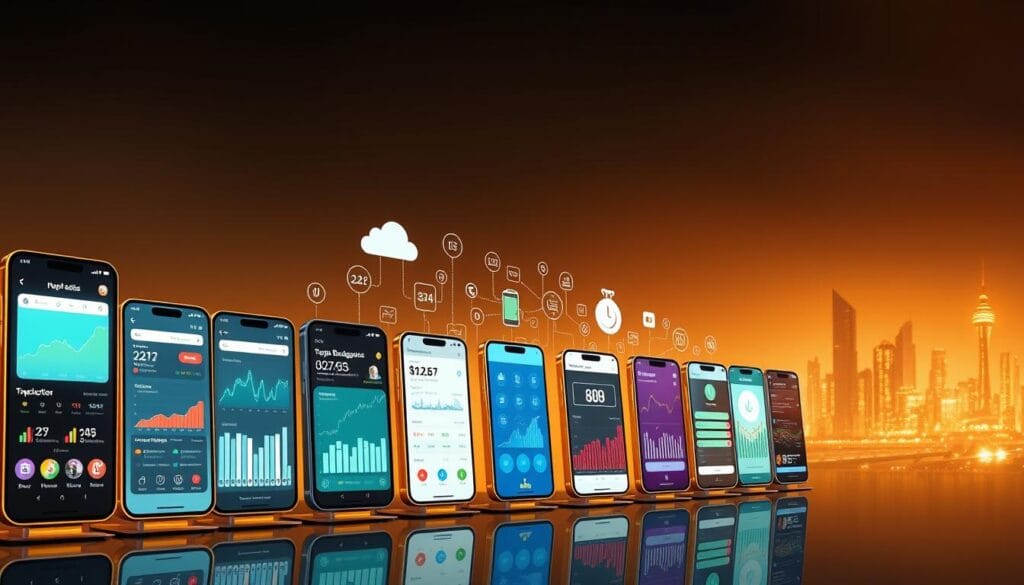 An evolving panorama of cutting-edge fintech apps, showcasing the progression of digital budgeting tools over time. In the foreground, a lineup of sleek, intuitive interfaces representing the latest advancements - vibrant data visualizations, seamless transaction tracking, and intelligent expense categorization. In the middle ground, a series of abstract symbols and icons illustrate the technological innovations that have fueled this transformation, from cloud computing to machine learning. In the distant background, a skyline of futuristic skyscrapers and cityscape, hinting at the integrative, real-time nature of these budgeting solutions within the broader fintech landscape. Illuminated by warm, golden lighting that conveys a sense of progress and innovation. An evolving panorama of cutting-edge fintech apps, showcasing the progression of digital budgeting tools over time. In the foreground, a lineup of sleek, intuitive interfaces representing the latest advancements - vibrant data visualizations, seamless transaction tracking, and intelligent expense categorization. In the middle ground, a series of abstract symbols and icons illustrate the technological innovations that have fueled this transformation, from cloud computing to machine learning. In the distant background, a skyline of futuristic skyscrapers and cityscape, hinting at the integrative, real-time nature of these budgeting solutions within the broader fintech landscape. Illuminated by warm, golden lighting that conveys a sense of progress and innovation.