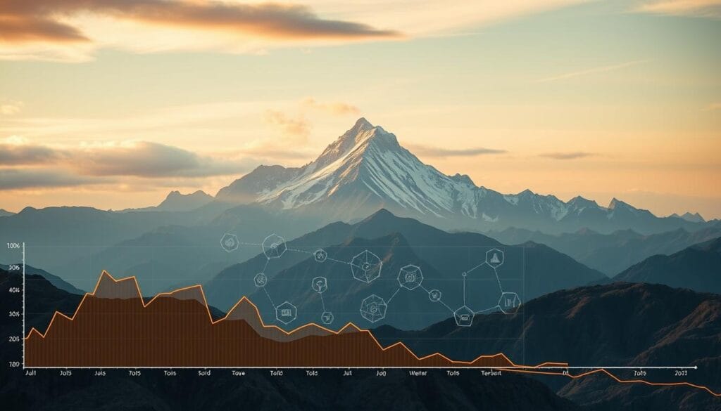 An expansive data visualization landscape, depicting the evolution of portfolio rebalancing strategies over time. In the foreground, a dynamic graph charts the fluctuating weights of asset classes, reflecting the ongoing adjustments required to maintain optimal risk-return profiles. The middle ground showcases an array of intelligent algorithms, each represented by distinct geometric forms, communicating the analytical complexity behind automated rebalancing. In the background, a towering mountain range symbolizes the lofty financial goals investors aim to reach, while a serene sky overhead conveys a sense of calm and control amidst the ever-changing market conditions. The scene is illuminated by warm, directional lighting, creating depth and drama, while a wide-angle lens captures the grand, panoramic scope of this transformative financial journey. An expansive data visualization landscape, depicting the evolution of portfolio rebalancing strategies over time. In the foreground, a dynamic graph charts the fluctuating weights of asset classes, reflecting the ongoing adjustments required to maintain optimal risk-return profiles. The middle ground showcases an array of intelligent algorithms, each represented by distinct geometric forms, communicating the analytical complexity behind automated rebalancing. In the background, a towering mountain range symbolizes the lofty financial goals investors aim to reach, while a serene sky overhead conveys a sense of calm and control amidst the ever-changing market conditions. The scene is illuminated by warm, directional lighting, creating depth and drama, while a wide-angle lens captures the grand, panoramic scope of this transformative financial journey.