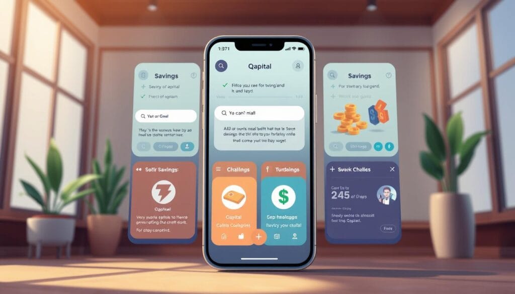 An image of the Qapital app interface, showing different savings goals and challenges.