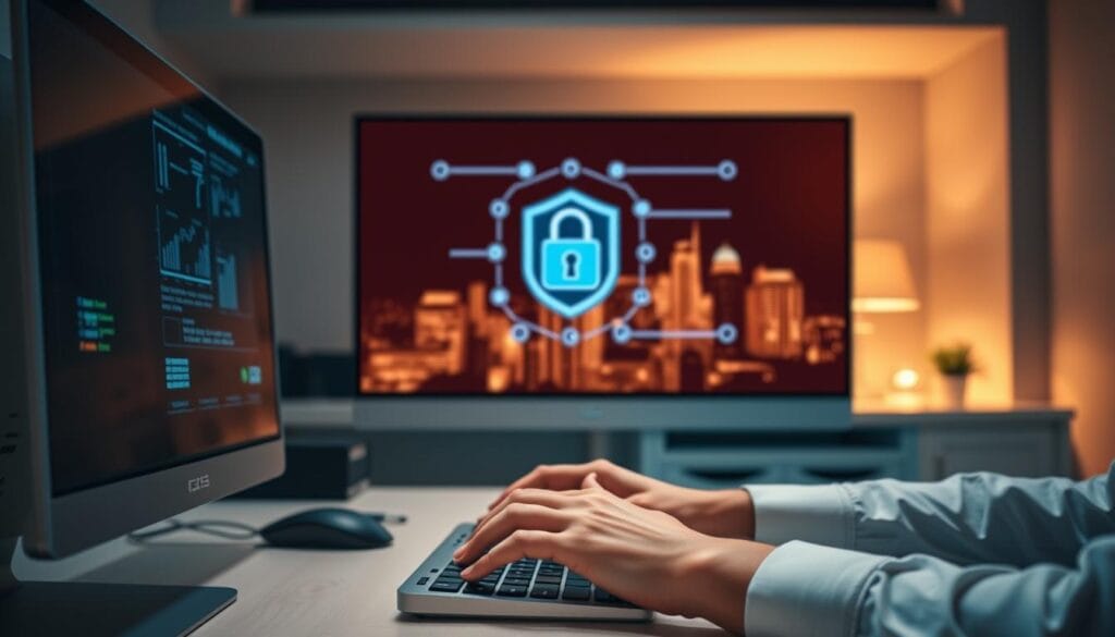 An intimate, well-lit office setting with a desktop computer, a secure keypad, and virtual security protocols projected on the screen. The room is bathed in a warm, subtle glow, creating an atmosphere of professionalism and privacy. In the foreground, a pair of hands carefully typing on the keyboard, symbolizing the diligent management of digital expenses. The middle ground features a sleek, futuristic security interface, conveying the advanced safeguards in place to protect sensitive financial data. The background subtly suggests a high-rise cityscape, hinting at the scale and importance of the expense tracking system. The overall composition emphasizes the intersection of technology, security, and responsible financial administration. An intimate, well-lit office setting with a desktop computer, a secure keypad, and virtual security protocols projected on the screen. The room is bathed in a warm, subtle glow, creating an atmosphere of professionalism and privacy. In the foreground, a pair of hands carefully typing on the keyboard, symbolizing the diligent management of digital expenses. The middle ground features a sleek, futuristic security interface, conveying the advanced safeguards in place to protect sensitive financial data. The background subtly suggests a high-rise cityscape, hinting at the scale and importance of the expense tracking system. The overall composition emphasizes the intersection of technology, security, and responsible financial administration.