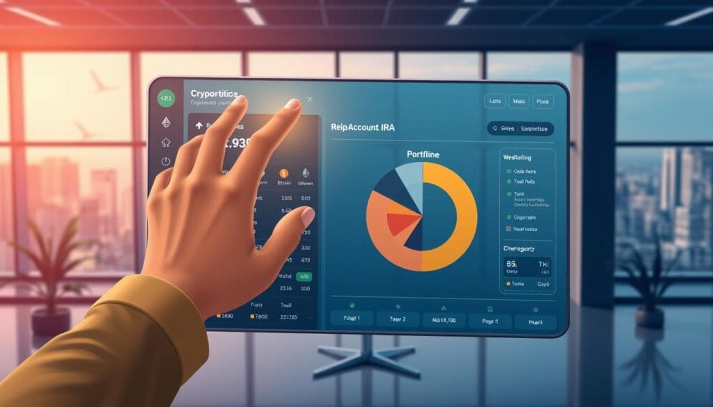 An isometric illustration showcasing a self-directed IRA account interface, centered on a cryptocurrency exchange dashboard. In the foreground, a hand interacts with a touchscreen displaying various cryptocurrency options like Bitcoin, Ethereum, and altcoins. The middle ground features a pie chart visualizing the portfolio allocation, while the background depicts a modern office setting with floor-to-ceiling windows overlooking a cityscape. The overall mood is one of financial empowerment and technological innovation, conveying the ease and flexibility of managing retirement savings with cryptocurrency. An isometric illustration showcasing a self-directed IRA account interface, centered on a cryptocurrency exchange dashboard. In the foreground, a hand interacts with a touchscreen displaying various cryptocurrency options like Bitcoin, Ethereum, and altcoins. The middle ground features a pie chart visualizing the portfolio allocation, while the background depicts a modern office setting with floor-to-ceiling windows overlooking a cityscape. The overall mood is one of financial empowerment and technological innovation, conveying the ease and flexibility of managing retirement savings with cryptocurrency.