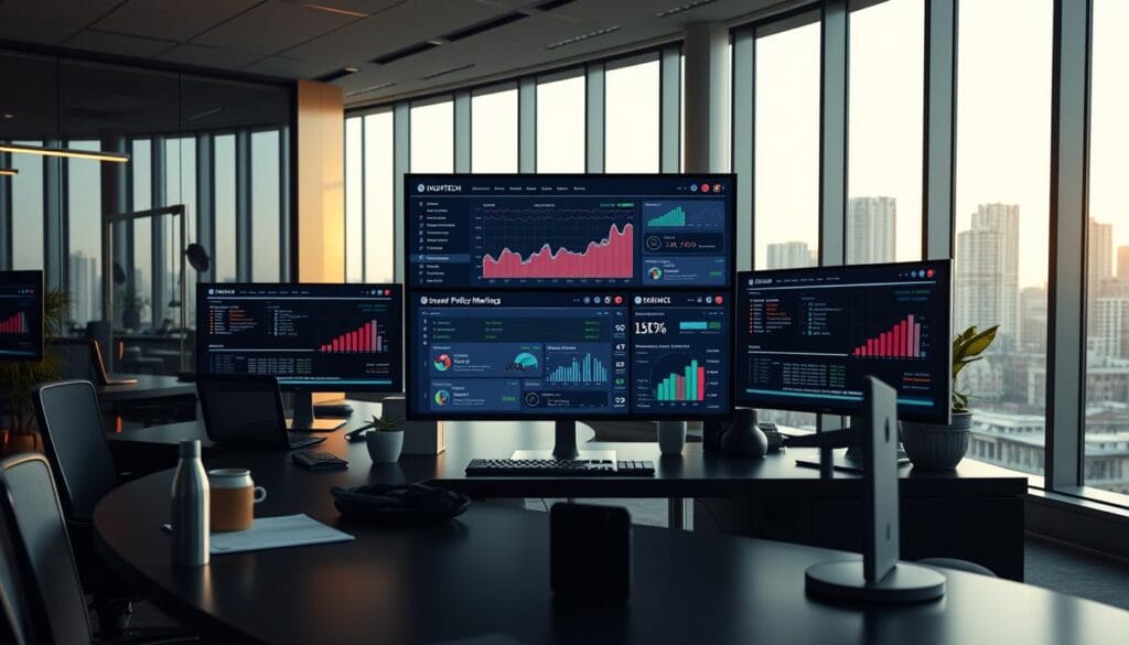 An office interior with a modern and sleek design, featuring a large desk with multiple computer screens displaying an insurance policy management software interface. The lighting is soft and warm, creating a professional and focused atmosphere. The foreground shows the desk with various office accessories, while the middle ground showcases the software UI with graphs, charts, and policy management tools. The background features floor-to-ceiling windows overlooking a cityscape, emphasizing the high-tech and forward-thinking nature of the insurtech application. The overall composition conveys a sense of efficiency, organization, and technological sophistication. An office interior with a modern and sleek design, featuring a large desk with multiple computer screens displaying an insurance policy management software interface. The lighting is soft and warm, creating a professional and focused atmosphere. The foreground shows the desk with various office accessories, while the middle ground showcases the software UI with graphs, charts, and policy management tools. The background features floor-to-ceiling windows overlooking a cityscape, emphasizing the high-tech and forward-thinking nature of the insurtech application. The overall composition conveys a sense of efficiency, organization, and technological sophistication.