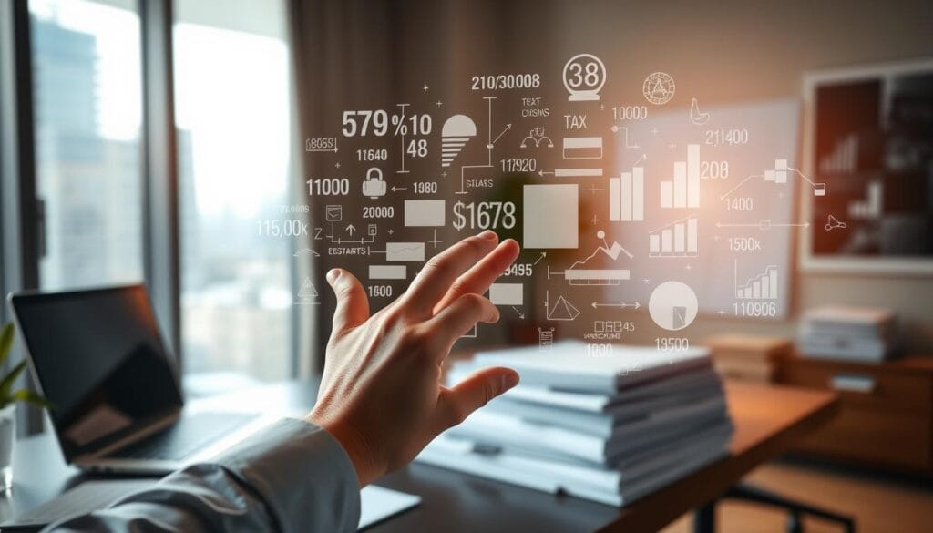 An office interior with a professional desk setup, a laptop computer, and a stack of tax documents. In the foreground, a human hand gestures towards an ethereal cloud of numbers, charts, and algorithms, representing the integration of AI-driven tax optimization processes. The lighting is soft and warm, creating a contemplative atmosphere. The background blurs into a hazy vision of skyscrapers, suggesting the broader financial landscape. The overall composition conveys the seamless union of human expertise and AI-powered innovation in the evolving field of tax optimization. An office interior with a professional desk setup, a laptop computer, and a stack of tax documents. In the foreground, a human hand gestures towards an ethereal cloud of numbers, charts, and algorithms, representing the integration of AI-driven tax optimization processes. The lighting is soft and warm, creating a contemplative atmosphere. The background blurs into a hazy vision of skyscrapers, suggesting the broader financial landscape. The overall composition conveys the seamless union of human expertise and AI-powered innovation in the evolving field of tax optimization.