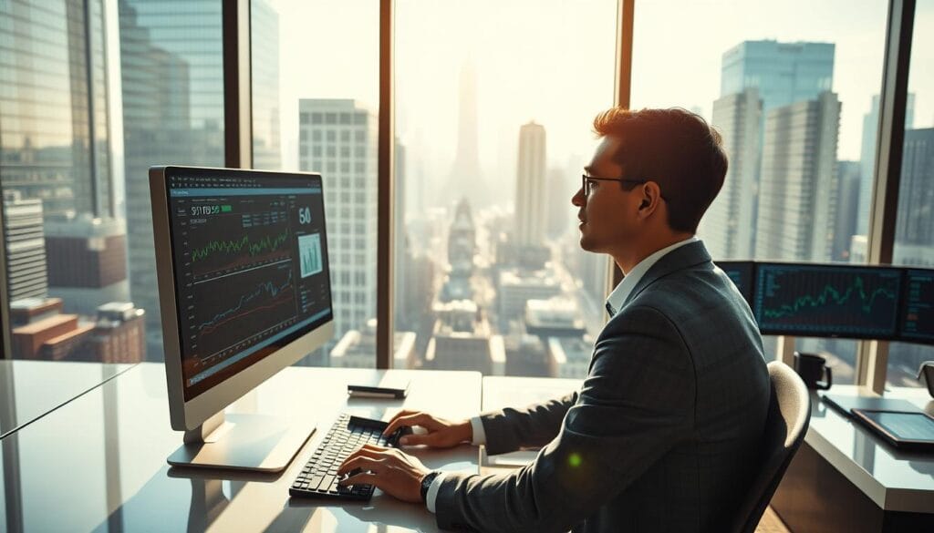 An office setting with a large window overlooking a bustling financial district, bright daylight streaming in. In the foreground, a sleek, minimalist desk with a state-of-the-art computer and various financial analytics displayed on the screen. A person, dressed in a crisp suit, is intently studying the data, their expression reflecting deep concentration. In the middle ground, rows of high-tech monitoring equipment and financial data visualizations adorn the space, conveying a sense of advanced technological prowess. The background features the iconic skyline of a major financial hub, skyscrapers glittering in the sunlight, symbolizing the cutting-edge nature of AI-driven financial forecasting. An office setting with a large window overlooking a bustling financial district, bright daylight streaming in. In the foreground, a sleek, minimalist desk with a state-of-the-art computer and various financial analytics displayed on the screen. A person, dressed in a crisp suit, is intently studying the data, their expression reflecting deep concentration. In the middle ground, rows of high-tech monitoring equipment and financial data visualizations adorn the space, conveying a sense of advanced technological prowess. The background features the iconic skyline of a major financial hub, skyscrapers glittering in the sunlight, symbolizing the cutting-edge nature of AI-driven financial forecasting.
