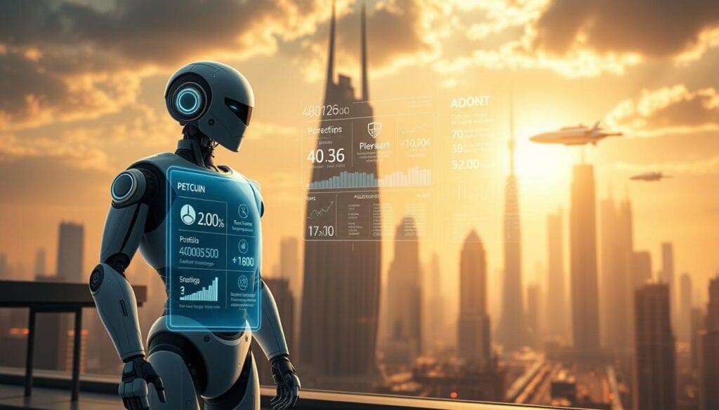 An ultra-high-resolution digital illustration depicting "AI-Powered Robo-Advisor Evaluation Factors" with a detailed, clean, and professional style. In the foreground, a sleek robotic financial advisor stands with a holographic display showcasing key evaluation metrics like portfolio performance, risk assessment, and fee structure. In the middle ground, a data visualization dashboard presents complex algorithms and machine learning models. In the background, a futuristic cityscape with towering skyscrapers and hovercraft conveys the advanced, cutting-edge nature of AI-powered investment management. The scene is bathed in a warm, neutral color palette with dramatic lighting and depth of field to emphasize the technological sophistication. The overall tone is authoritative, trustworthy, and innovative. An ultra-high-resolution digital illustration depicting "AI-Powered Robo-Advisor Evaluation Factors" with a detailed, clean, and professional style. In the foreground, a sleek robotic financial advisor stands with a holographic display showcasing key evaluation metrics like portfolio performance, risk assessment, and fee structure. In the middle ground, a data visualization dashboard presents complex algorithms and machine learning models. In the background, a futuristic cityscape with towering skyscrapers and hovercraft conveys the advanced, cutting-edge nature of AI-powered investment management. The scene is bathed in a warm, neutral color palette with dramatic lighting and depth of field to emphasize the technological sophistication. The overall tone is authoritative, trustworthy, and innovative.