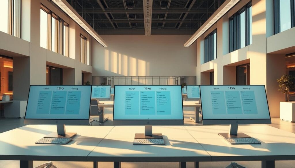 An ultra-high-resolution panoramic view of a modern, minimalist office space with sleek, stylish desk setups showcasing various tax software pricing tiers presented on crisp, clean display screens. The space is flooded with warm, natural lighting filtering in through large windows, casting a soft, inviting glow. The scene exudes a sense of professionalism, efficiency, and technological sophistication, perfectly capturing the essence of the "Cost Considerations and Pricing Tiers" section of the article. The tax software options are elegantly arranged, their features and pricing levels clearly visible, allowing the viewer to easily grasp the available options. An ultra-high-resolution panoramic view of a modern, minimalist office space with sleek, stylish desk setups showcasing various tax software pricing tiers presented on crisp, clean display screens. The space is flooded with warm, natural lighting filtering in through large windows, casting a soft, inviting glow. The scene exudes a sense of professionalism, efficiency, and technological sophistication, perfectly capturing the essence of the "Cost Considerations and Pricing Tiers" section of the article. The tax software options are elegantly arranged, their features and pricing levels clearly visible, allowing the viewer to easily grasp the available options.