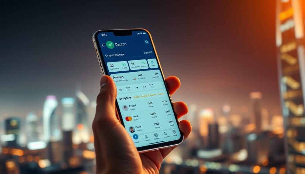 An ultra-modern mobile banking app interface, with a sleek dashboard displaying real-time transaction history, account balances, and integrated payment options. In the foreground, a hand holds a silver smartphone, the screen showcasing a seamless financial experience - transferring funds, paying bills, and managing budgets with a tap. The middle ground features a dynamic city skyline, reflecting the app's global connectivity and cutting-edge fintech integration. Warm, diffused lighting casts a futuristic glow, while a subtle depth of field enhances the sense of depth and technological sophistication. An atmosphere of convenience, control, and financial empowerment permeates the scene. An ultra-modern mobile banking app interface, with a sleek dashboard displaying real-time transaction history, account balances, and integrated payment options. In the foreground, a hand holds a silver smartphone, the screen showcasing a seamless financial experience - transferring funds, paying bills, and managing budgets with a tap. The middle ground features a dynamic city skyline, reflecting the app's global connectivity and cutting-edge fintech integration. Warm, diffused lighting casts a futuristic glow, while a subtle depth of field enhances the sense of depth and technological sophistication. An atmosphere of convenience, control, and financial empowerment permeates the scene.