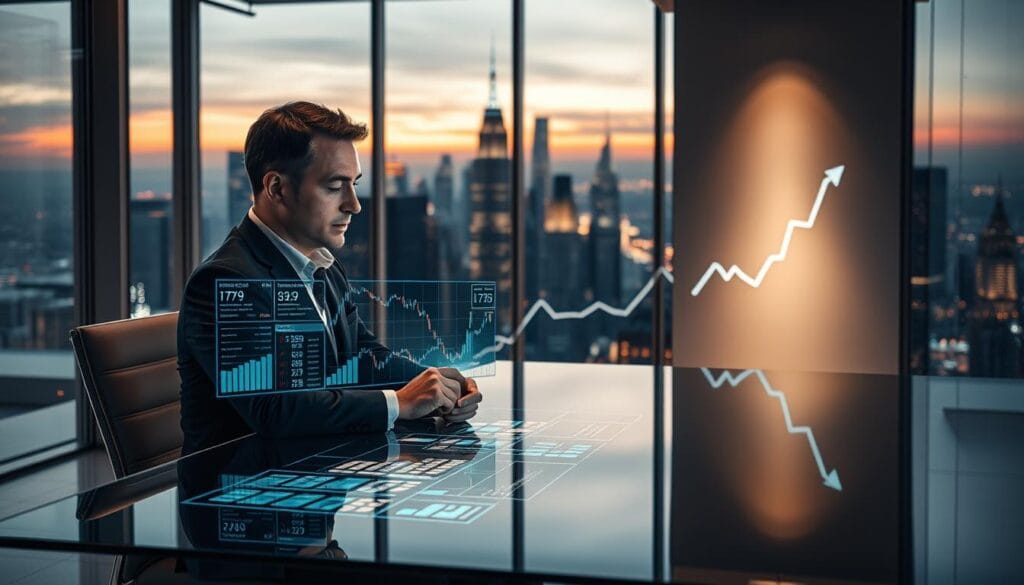 An ultramodern office with a sleek, minimalist aesthetic. In the foreground, a well-dressed financial advisor sits at a glass desk, intently studying a holographic display of stock charts and investment data. The advisor's expression is focused, exuding a sense of authority and expertise. The middle ground features a stylized graph projected onto the wall, visualizing the personalized investment portfolio. Subtle lighting casts a warm glow, creating a professional and forward-thinking atmosphere. In the background, floor-to-ceiling windows offer a panoramic view of a bustling metropolitan skyline, symbolizing the global reach and technological sophistication of the AI-powered investment advisory service. An ultramodern office with a sleek, minimalist aesthetic. In the foreground, a well-dressed financial advisor sits at a glass desk, intently studying a holographic display of stock charts and investment data. The advisor's expression is focused, exuding a sense of authority and expertise. The middle ground features a stylized graph projected onto the wall, visualizing the personalized investment portfolio. Subtle lighting casts a warm glow, creating a professional and forward-thinking atmosphere. In the background, floor-to-ceiling windows offer a panoramic view of a bustling metropolitan skyline, symbolizing the global reach and technological sophistication of the AI-powered investment advisory service.