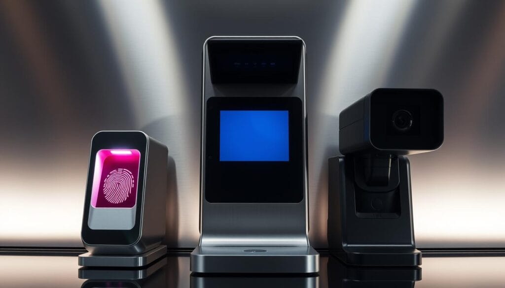 Biometric authentication systems in a modern, sleek banking environment. Crisp, high-contrast lighting illuminates a fingerprint scanner, iris scanner, and facial recognition camera against a muted, minimalist backdrop of brushed metal and tempered glass. Subtle highlights and reflections create a sense of technological sophistication and security. The arrangement conveys a streamlined, cutting-edge approach to identity verification, perfectly suited for a forward-thinking financial institution. Biometric authentication systems in a modern, sleek banking environment. Crisp, high-contrast lighting illuminates a fingerprint scanner, iris scanner, and facial recognition camera against a muted, minimalist backdrop of brushed metal and tempered glass. Subtle highlights and reflections create a sense of technological sophistication and security. The arrangement conveys a streamlined, cutting-edge approach to identity verification, perfectly suited for a forward-thinking financial institution.