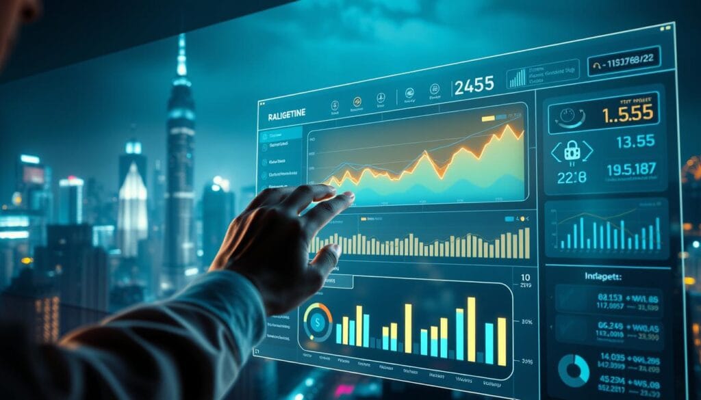 Blockchain-powered budgeting innovations in 2025: a sleek, futuristic dashboard displays real-time financial data, interactive graphs, and AI-powered forecasting tools. In the foreground, a user navigates the intuitive interface, their hands interacting with a holographic projection. The background features a cityscape with towering skyscrapers, hinting at the scale and impact of these blockchain-based budgeting solutions. Glowing neon accents and a cool, minimalist color palette evoke a sense of technological sophistication. Dramatic side lighting casts dramatic shadows, heightening the sense of depth and dimensionality. The overall atmosphere conveys efficiency, innovation, and the transformative power of blockchain in the realm of personal and enterprise finance.