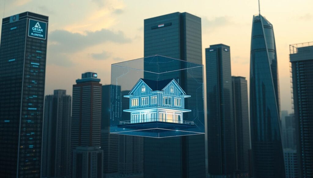 Blockchain property transformation - a sleek, modern cityscape with skyscrapers and high-rise buildings, their facades adorned with holographic displays showcasing digital property listings. In the foreground, a transparent, cube-like structure hovers, its interior filled with a three-dimensional model of a residential property, glowing with digital ledgers and smart contracts. The sky is tinted with a futuristic hue, hinting at the transformative power of blockchain technology in the real estate industry. Soft, directional lighting casts dramatic shadows, emphasizing the technological prowess at play. The overall scene exudes a sense of innovation, progress, and the seamless integration of the physical and digital realms.