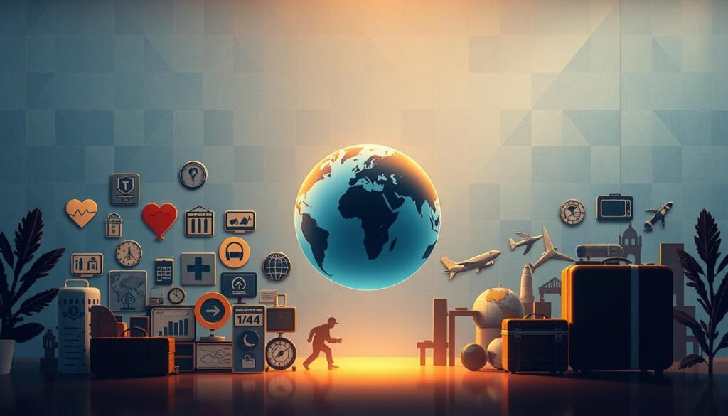 Comprehensive coverage elements for global professionals: A richly detailed illustration depicting an array of travel insurance icons and symbols arranged in a visually striking composition. In the foreground, a cluster of icons representing key coverage areas such as medical emergencies, trip cancellation, lost/stolen luggage, and adventure sports. In the middle ground, a globe with continents delineated, symbolizing worldwide protection. The background features a subdued geometric pattern in shades of blue and gray, creating a sense of security and reliability. Soft, diffused lighting casts a warm, reassuring glow across the scene. The overall mood is one of comprehensive, globally-minded travel coverage for the modern professional. Comprehensive coverage elements for global professionals: A richly detailed illustration depicting an array of travel insurance icons and symbols arranged in a visually striking composition. In the foreground, a cluster of icons representing key coverage areas such as medical emergencies, trip cancellation, lost/stolen luggage, and adventure sports. In the middle ground, a globe with continents delineated, symbolizing worldwide protection. The background features a subdued geometric pattern in shades of blue and gray, creating a sense of security and reliability. Soft, diffused lighting casts a warm, reassuring glow across the scene. The overall mood is one of comprehensive, globally-minded travel coverage for the modern professional.