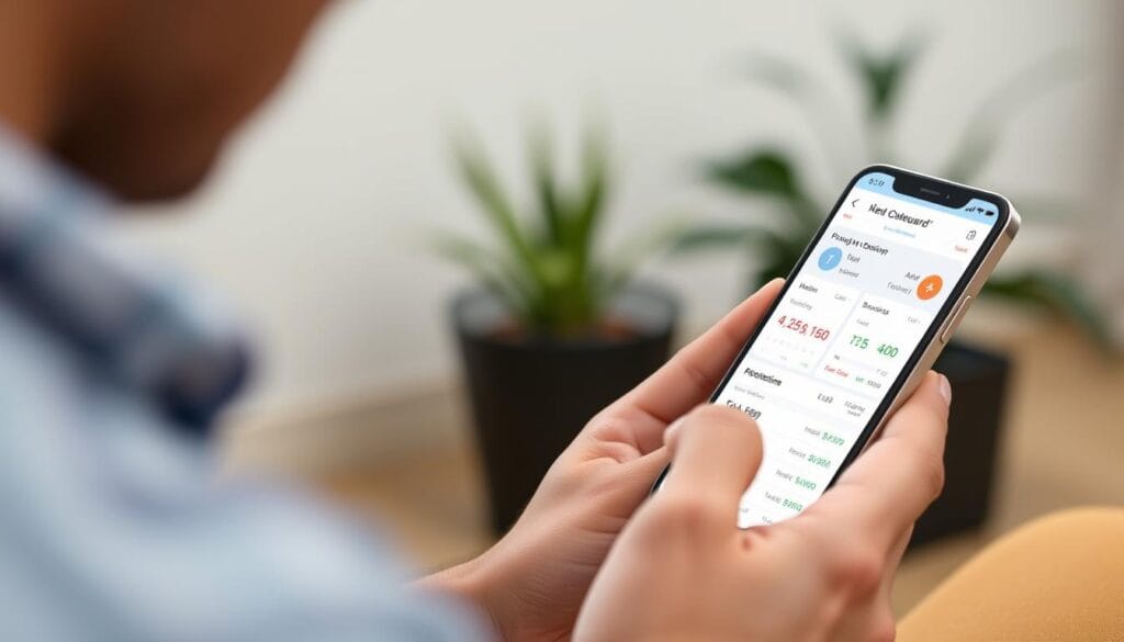 Create an image of a person using PocketGuard on their smartphone, with a clean and organized financial overview on the screen. Create an image of a person using PocketGuard on their smartphone, with a clean and organized financial overview on the screen.