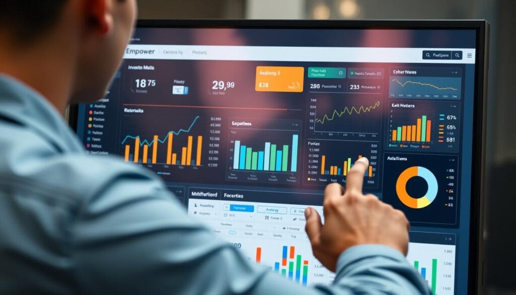 Create an image of a person viewing their financial data on Empower Personal Dashboard, with various investment and budgeting metrics displayed. Create an image of a person viewing their financial data on Empower Personal Dashboard, with various investment and budgeting metrics displayed.