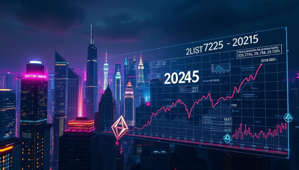 Crisp digital cityscape, futuristic skyscrapers and holographic displays, neon-lit cryptocurrency symbols suspended in the air. Vibrant, kaleidoscopic colors pulsate across the skyline, reflecting the dynamism of the evolving crypto market. In the foreground, a transparent graph panel projects complex data visualizations, charts, and projections for the year 2025. The scene emanates a sense of technological progress, with sleek, minimalist design elements and a subtle, eerie glow. Cinematic lighting casts long shadows, creating depth and drama. The overall atmosphere conveys a glimpse into the cutting-edge, data-driven future of the cryptocurrency industry.