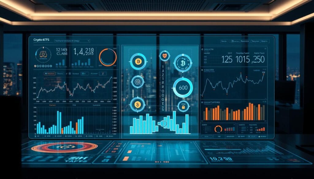 Detailed 3D render of a financial dashboard, showcasing crypto ETFs and direct cryptocurrency investments side-by-side. In the foreground, a sophisticated virtual interface with a variety of interactive graphs, charts, and data visualizations. In the middle ground, holographic projections of crypto assets, their price movements, and performance metrics. The background features a dimly lit, futuristic office setting with sleek, minimalist furniture and floor-to-ceiling windows overlooking a dynamic cityscape. Crisp, balanced lighting accentuates the depth and dimensionality of the scene. Convey a sense of innovation, insight, and sophisticated financial decision-making.