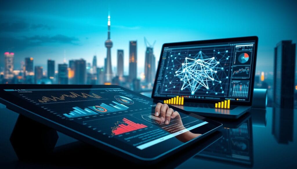 Detailed 3D rendering of a financial modeling dashboard powered by advanced machine learning algorithms. In the foreground, a sleek tablet displays dynamic charts, graphs, and predictive analytics. In the middle ground, a laptop with a complex neural network architecture model, surrounded by abstract data visualizations. In the background, a futuristic cityscape with towering skyscrapers, reflecting the interconnected, high-tech nature of modern finance. Lighting is clean, crisp, and directional, creating a sense of depth and technology. The overall mood is one of sophistication, innovation, and data-driven decision making. Detailed 3D rendering of a financial modeling dashboard powered by advanced machine learning algorithms. In the foreground, a sleek tablet displays dynamic charts, graphs, and predictive analytics. In the middle ground, a laptop with a complex neural network architecture model, surrounded by abstract data visualizations. In the background, a futuristic cityscape with towering skyscrapers, reflecting the interconnected, high-tech nature of modern finance. Lighting is clean, crisp, and directional, creating a sense of depth and technology. The overall mood is one of sophistication, innovation, and data-driven decision making.