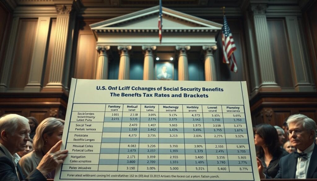 Detailed architectural rendering of a U.S. government building with classical columns and pediment, reflecting a solemn and authoritative atmosphere. In the foreground, an official chart displays the latest changes to social security benefits tax rates and brackets, with numerical data and visual infographics. The middle ground depicts a group of diverse citizens studying the chart intently, their expressions conveying concern and uncertainty. The background shows a dimly lit, wood-paneled interior with an American flag hanging solemnly, evoking the gravity and complexity of the subject matter.
